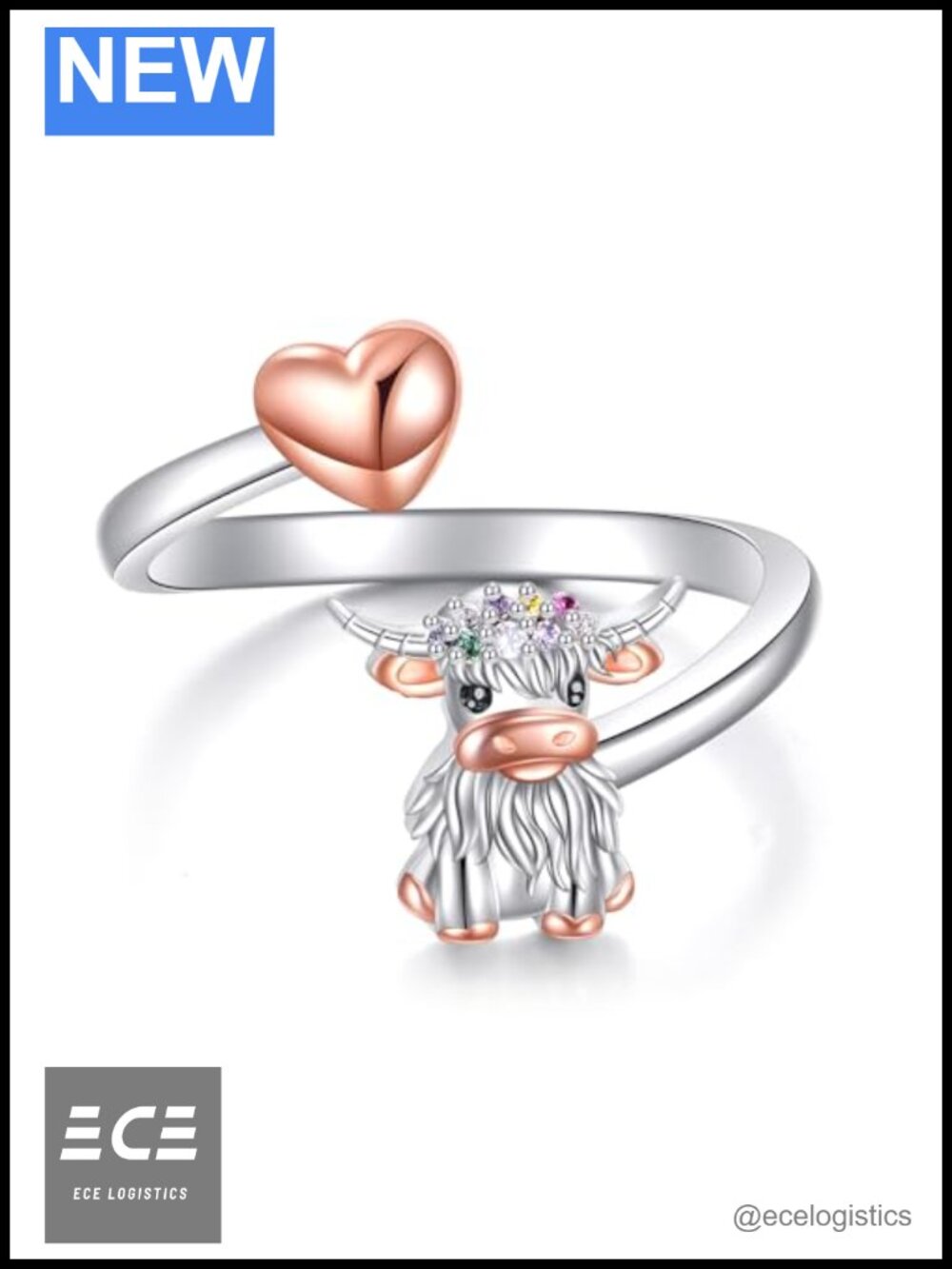 Sterling Silver Highland Cow Open Ring Adjustable Animal Jewelry Gift for Women